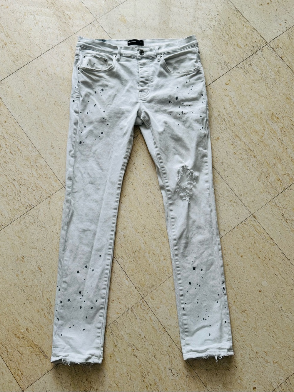 Purple Brand P001 White Jeans Sz-34 White Paint-Splatter Distressed Skinny Jeans